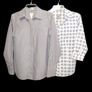 Chicos No Iron Blue White Lot of  2 Tops Size S 0 Metallic Stripe Dot Cotton